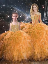  Orange Sleeveless Floor Length Beading and Ruffles Lace Up Quinceanera Gown