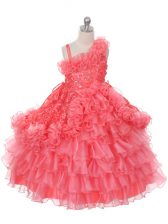  Floor Length Lace Up Little Girls Pageant Dress Watermelon Red for Wedding Party with Lace and Ruffles and Ruffled Layers