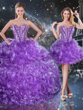 High Class Eggplant Purple Organza Lace Up Sweetheart Sleeveless Floor Length Vestidos de Quinceanera Beading