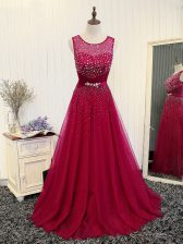  Fuchsia Prom Evening Gown Prom and Military Ball and Sweet 16 with Beading and Belt Scoop Sleeveless Brush Train Zipper
