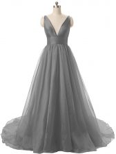 Chic Grey V-neck Neckline Ruching Prom Dresses Sleeveless Backless