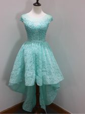  High Low Aqua Blue Quinceanera Dama Dress Lace Cap Sleeves Beading and Lace