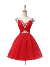 Flirting Red V-neck Lace Up Beading and Sequins Prom Dresses Cap Sleeves