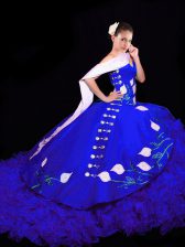 Pretty Sleeveless Embroidery Lace Up Quinceanera Dresses with Royal Blue Brush Train