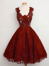 Perfect Straps Sleeveless Lace Up Dama Dress for Quinceanera Rust Red Lace