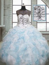 Discount Blue And White Organza Lace Up Scoop Sleeveless Floor Length Quinceanera Gowns Beading and Ruffles