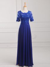  Scoop Half Sleeves Dress for Prom Floor Length Lace and Appliques Royal Blue Chiffon