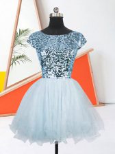 Amazing Light Blue A-line Organza Scoop Short Sleeves Sequins Mini Length Lace Up Dress for Prom