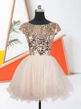 Attractive Mini Length A-line Short Sleeves Peach Prom Evening Gown Lace Up