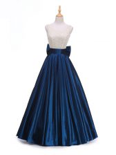 Delicate Navy Blue Backless Dress for Prom Beading and Bowknot Sleeveless Floor Length