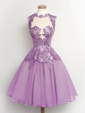 Glamorous Lilac A-line High-neck Sleeveless Chiffon Knee Length Lace Up Lace Dama Dress