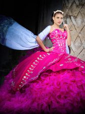 Sweetheart Sleeveless Brush Train Lace Up Quinceanera Gowns Fuchsia Organza