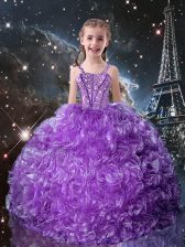  Eggplant Purple Ball Gowns Organza Straps Sleeveless Beading and Ruffles Floor Length Lace Up Kids Formal Wear