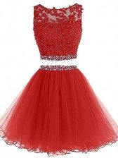  Red Sleeveless Beading Mini Length 
