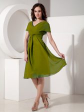  V-neck Short Sleeves Chiffon Prom Gown Ruching Zipper
