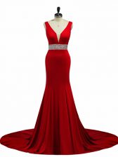 Customized Wine Red V-neck Neckline Beading Prom Party Dress Sleeveless Zipper