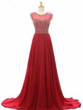 Suitable Wine Red Lace Up Prom Evening Gown Beading Sleeveless Brush Train