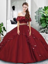 Graceful Burgundy Tulle Lace Up Quinceanera Gowns Sleeveless Floor Length Lace and Ruffles