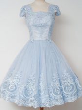 Glittering Light Blue Cap Sleeves Knee Length Lace Zipper Quinceanera Dama Dress