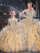 Great Gold Sleeveless Organza Lace Up Quinceanera Gown for Military Ball and Sweet 16 and Quinceanera