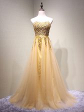 Custom Fit Sleeveless Tulle Floor Length Lace Up Prom Evening Gown in Champagne with Beading