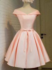  Knee Length Peach Dama Dress for Quinceanera Off The Shoulder Cap Sleeves Lace Up