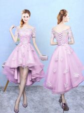  Lavender Tulle Lace Up Off The Shoulder Short Sleeves High Low Damas Dress Lace