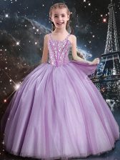 Designer Tulle Straps Sleeveless Lace Up Beading Flower Girl Dresses for Less in Lilac