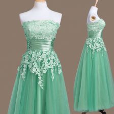 Fitting Turquoise Empire Appliques Quinceanera Court of Honor Dress Lace Up Tulle Sleeveless Tea Length
