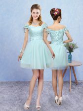 Superior Aqua Blue Short Sleeves Mini Length Lace Lace Up Vestidos de Damas