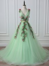 Pretty Belt and Hand Made Flower Prom Party Dress Apple Green Lace Up Sleeveless Court Train