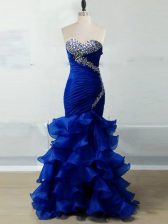 Most Popular Royal Blue Organza Zipper Sweetheart Sleeveless Floor Length Prom Gown Beading and Ruffles and Ruching