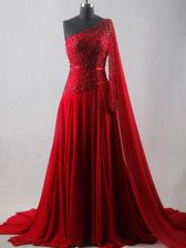 New Arrival Wine Red One Shoulder Zipper Beading and Belt Homecoming Dress Court Train Sleeveless