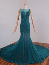  Teal Sleeveless Beading and Lace and Appliques Zipper Prom Evening Gown