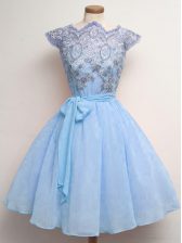  Knee Length Blue Quinceanera Dama Dress Chiffon Cap Sleeves Lace and Belt