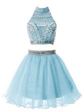 Hot Sale Light Blue High-neck Neckline Beading Quinceanera Court Dresses Sleeveless Zipper