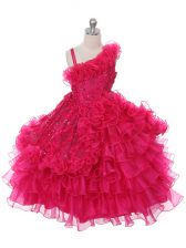  Floor Length Ball Gowns Sleeveless Hot Pink Pageant Gowns For Girls Lace Up