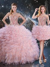  Baby Pink Lace Up Quince Ball Gowns Beading and Ruffles Sleeveless Floor Length