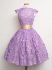 Lovely Knee Length Ball Gowns Cap Sleeves Lavender Dama Dress for Quinceanera Lace Up
