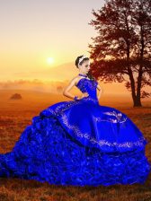  Sleeveless Brush Train Embroidery and Ruffles Lace Up Quinceanera Dress