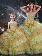  Sleeveless Floor Length Beading and Ruffled Layers and Sequins Lace Up Quinceanera Dresses with Multi-color