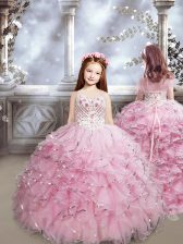  Lace Up Little Girl Pageant Dress Baby Pink for Quinceanera and Wedding Party with Beading and Ruffles Brush Train