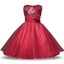 Stylish Wine Red Sleeveless Organza and Sequined Zipper Flower Girl Dress for Military Ball and Sweet 16 and Quinceanera