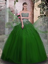 Fabulous Green Tulle Lace Up Strapless Sleeveless Floor Length 15 Quinceanera Dress Beading