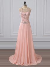 Latest Empire Sleeveless Peach Evening Dress Brush Train Side Zipper