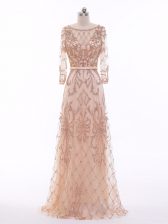 Nice Peach Zipper Scoop Beading Prom Gown Tulle Long Sleeves