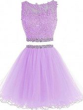 Hot Sale Mini Length Lavender Prom Party Dress Tulle Sleeveless Beading and Lace and Appliques