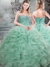  Floor Length Apple Green Quinceanera Dress Organza Sleeveless Beading and Ruffles