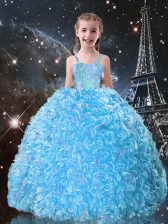 Charming Floor Length Lace Up Kids Formal Wear Aqua Blue for Quinceanera and Wedding Party with Beading and Ruffles