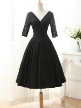 Dynamic Black Lace Lace Up Homecoming Dress Half Sleeves Knee Length Lace and Appliques